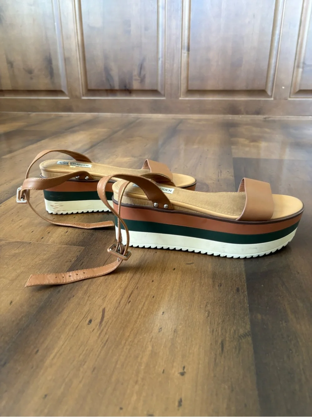 Steve Madden Tan Platform Sandal with Green and White Striped Sole